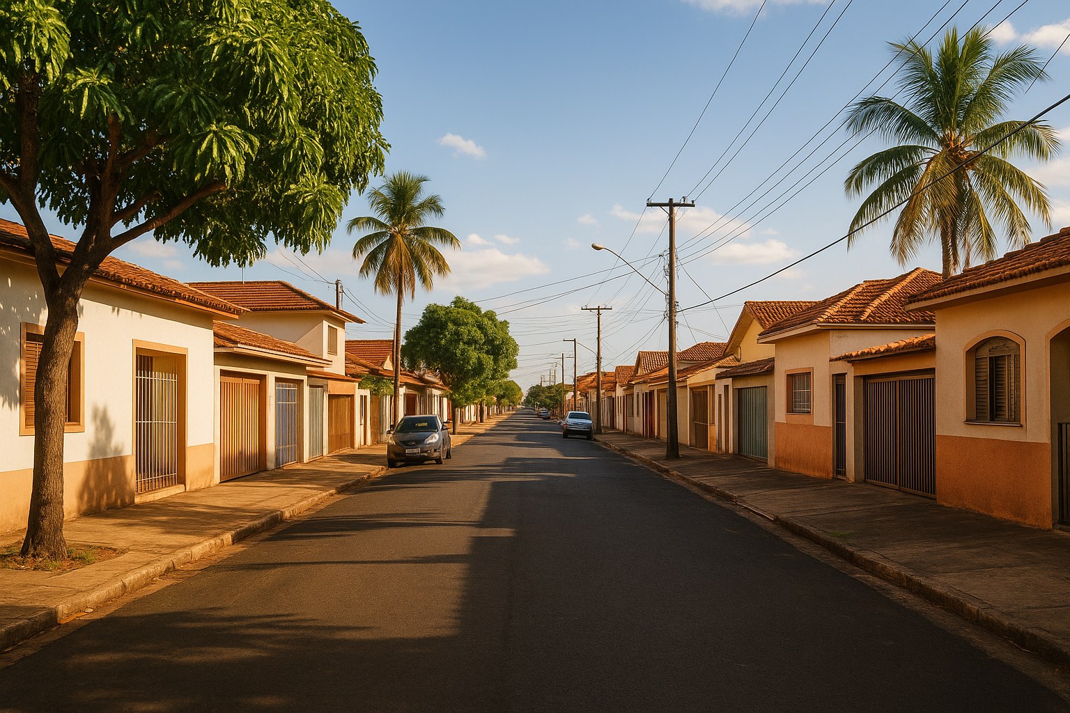 Rua residencial arborizada em bairro de Ribeirão Preto, com casas de telhado colonial, representando o imóvel a ser regularizado